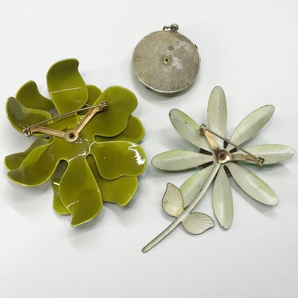 Vintage Large Green Enamel 1960s Flower Brooch Pin Unusual  Vintage 60s Oversized Large Green Enamel Flower Brooch Pendant Lot Set of 3